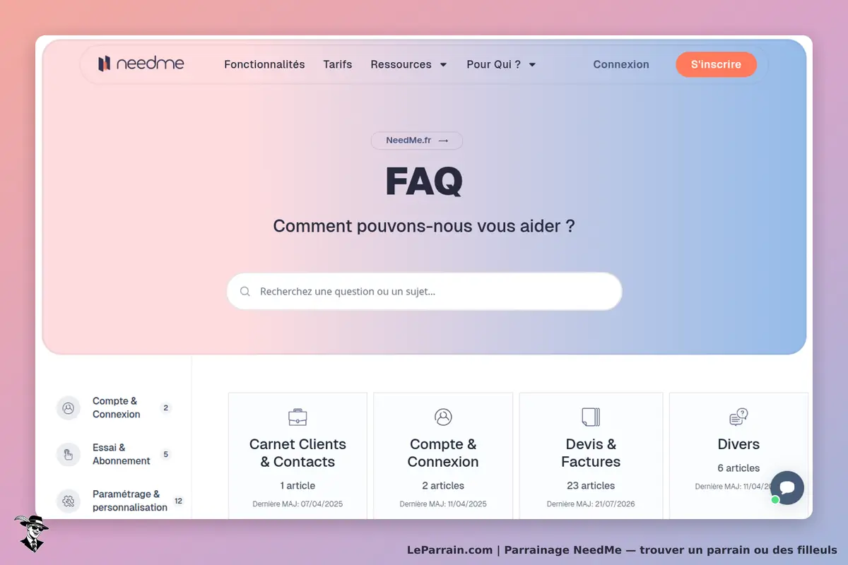 NeedMe : page d'accueil avec section FAQ et recherche de questions, articles listés en dessous