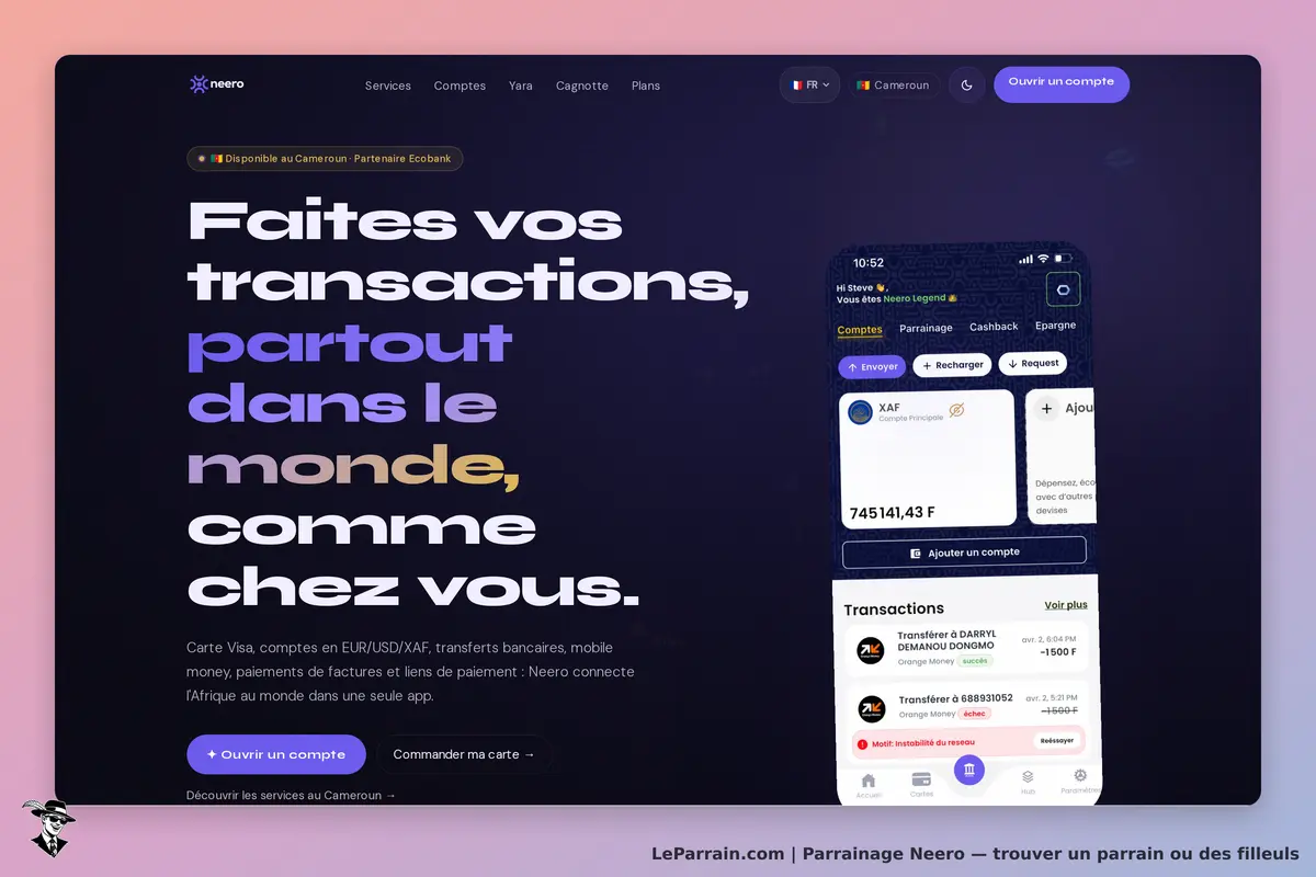 Neero : page d'accueil présentant les services de transactions et un aperçu d'un compte utilisateur