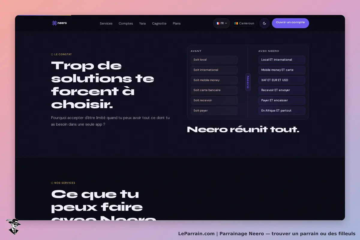 Neero : page d'accueil avec texte sur les solutions et services proposés