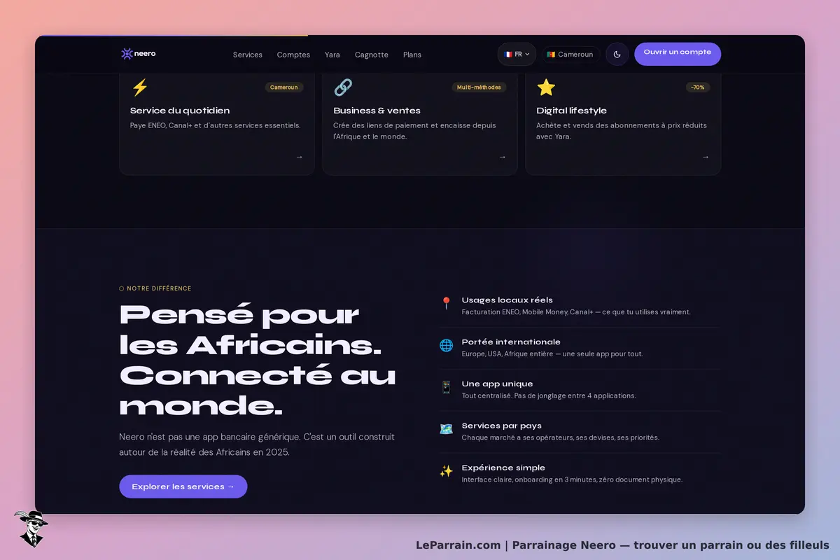 Neero : page d'accueil présentant des services bancaires pour les Africains