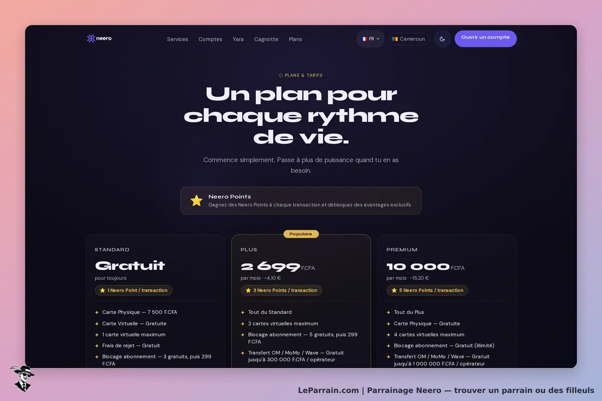 Neero : page des plans et tarifs avec options Standard, Plus et Premium affichées