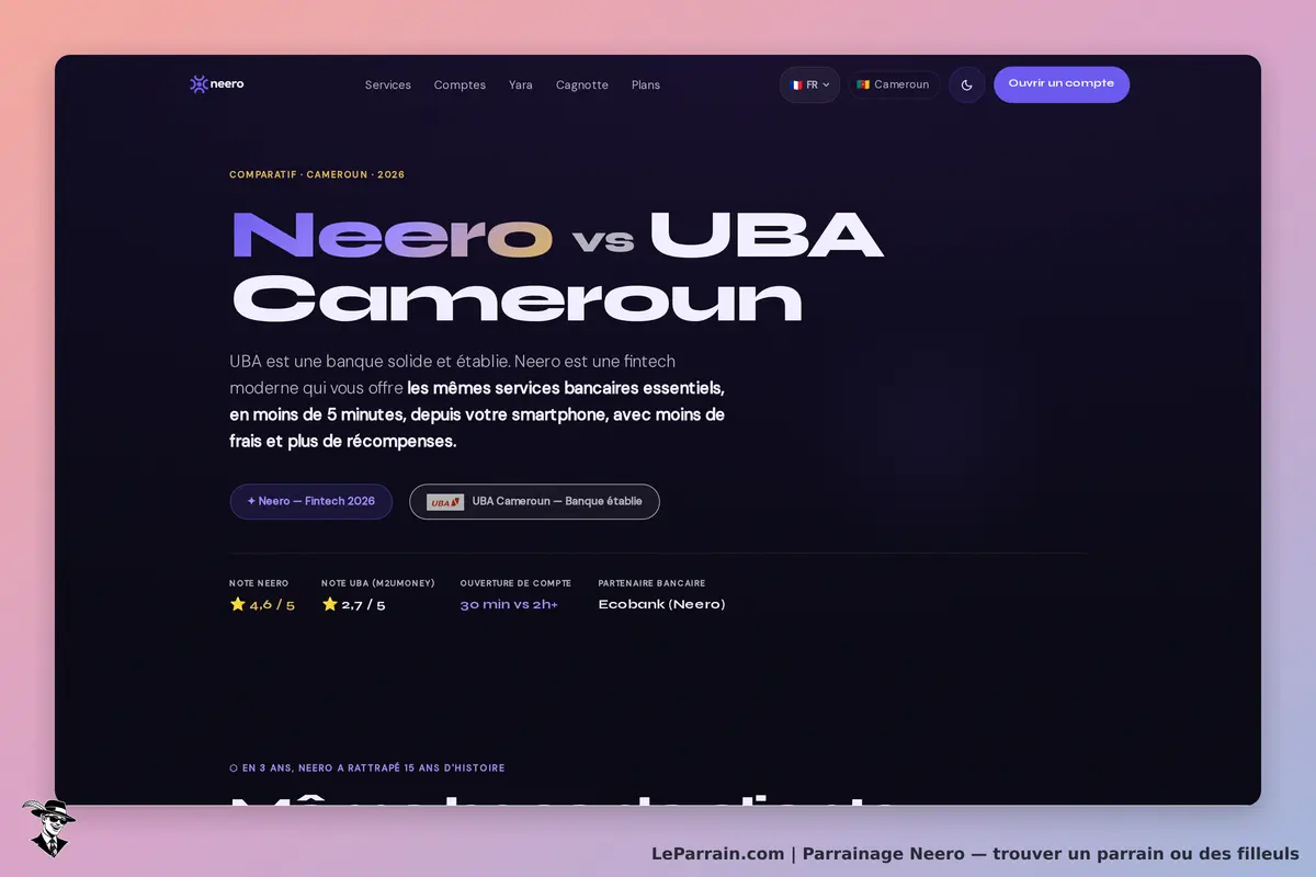 Neero : comparaison entre Neero et UBA Cameroun sur la page d'accueil du site