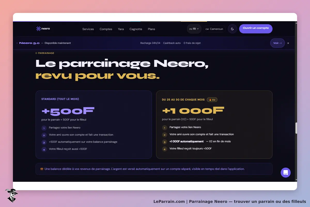 Neero : page d'accueil présentant le programme de parrainage et ses détails