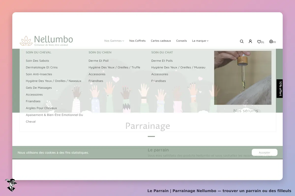 Page de parrainage Nellumbo avec le menu des gammes de soins pour animaux ouvert.
