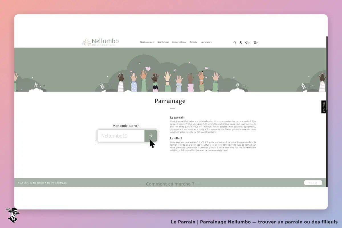 Page de parrainage Nellumbo présentant le crédit de 3 euros pour le parrain et la remise de 10 % pour le filleul.