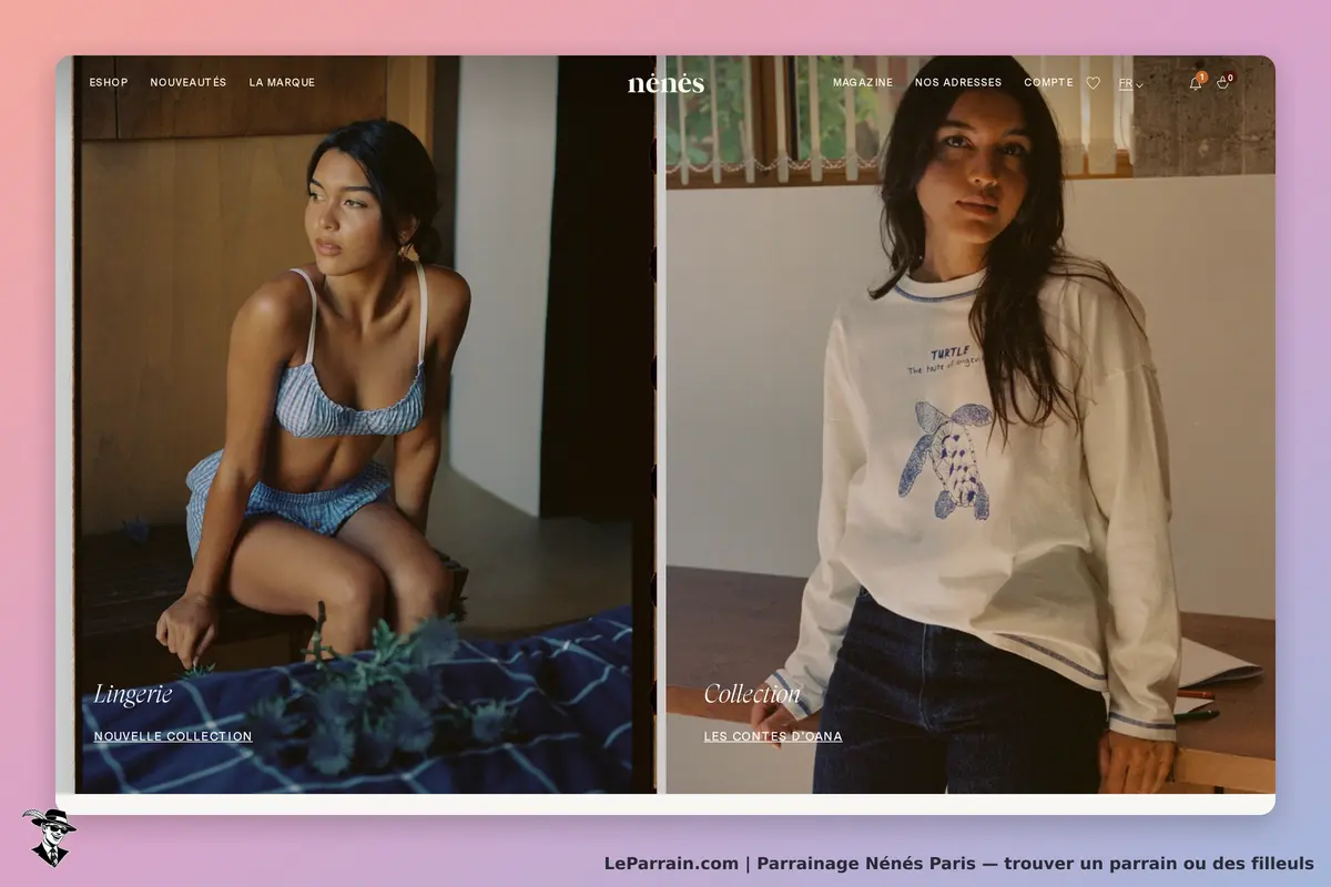 Nénés Paris : page d'accueil avec deux modèles en lingerie et vêtements décontractés