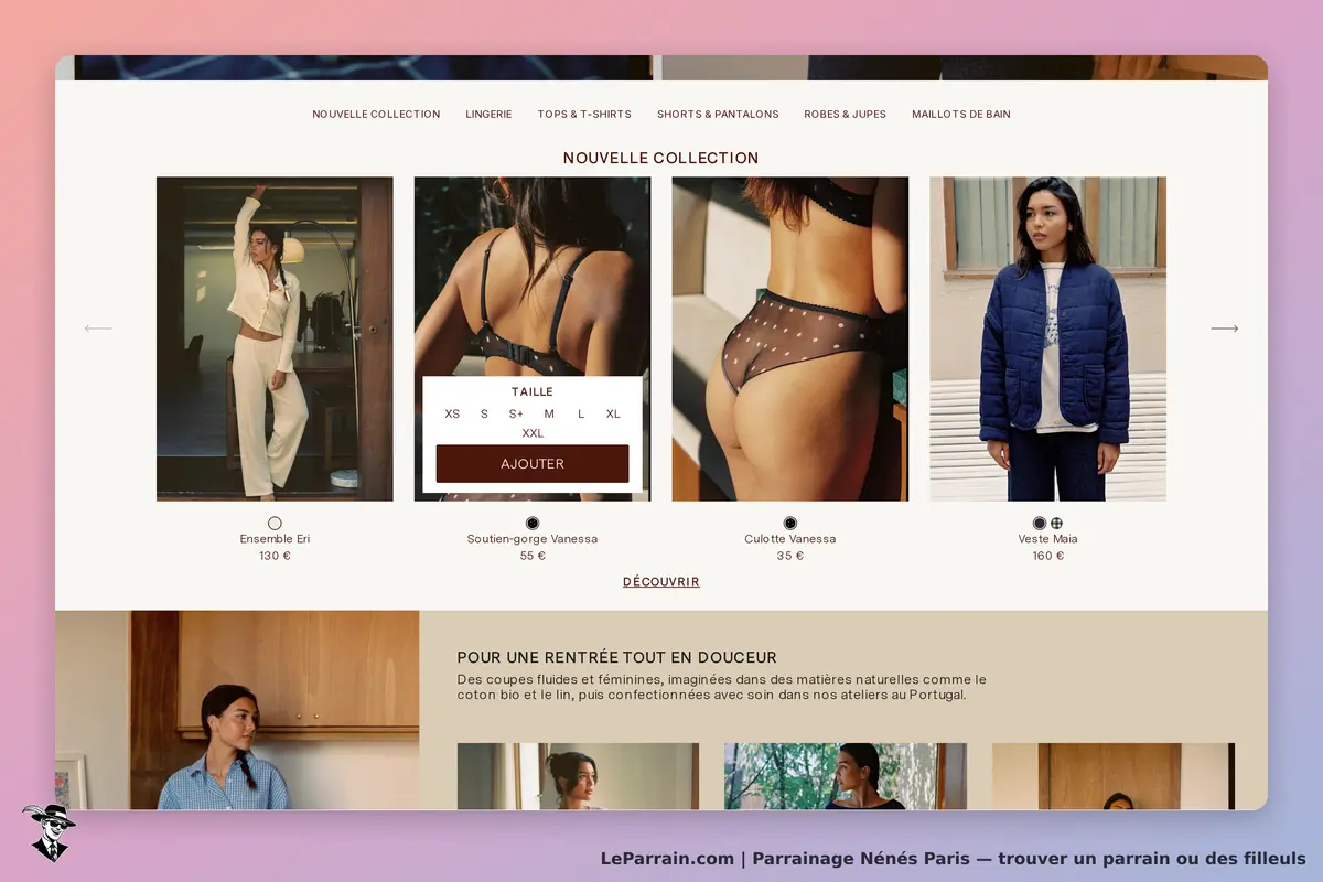 Nénés Paris : page d'accueil présentant la nouvelle collection avec divers vêtements et modèles