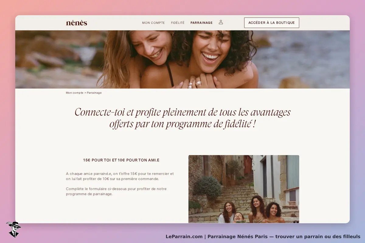 Nénés Paris : nénès Paris : page de parrainage avec des femmes souriantes et un message sur les