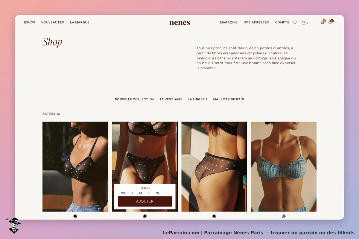 Nénés Paris : page d'accueil affichant des produits de lingerie et options de taille