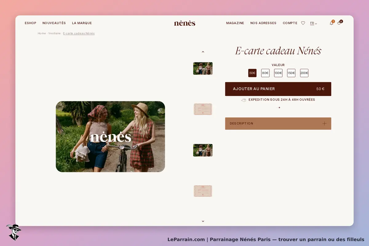 Nénés Paris : nénés : page produit avec une e-carte cadeau et image de deux femmes à vélo