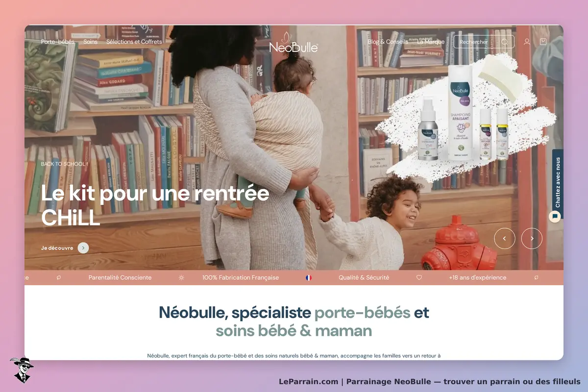 NeoBulle : page d'accueil avec une mère portant un bébé et des enfants jouant près d'une