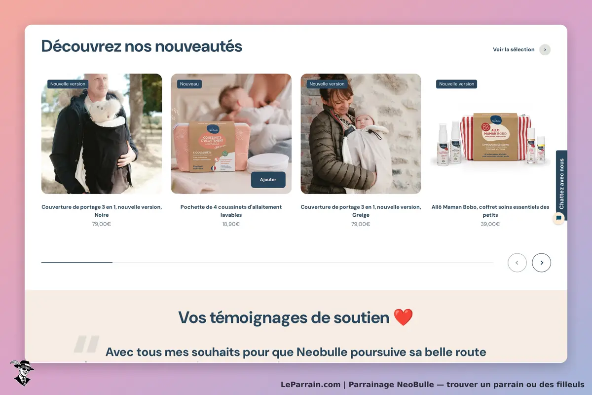 NeoBulle : présentation des nouveautés avec produits et témoignages de soutien en bas de l'écran
