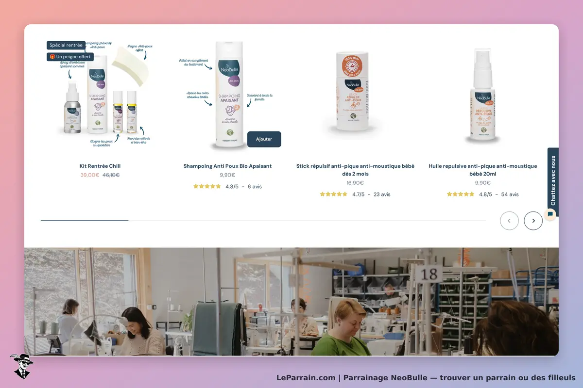 NeoBulle : produits de soin affichés avec évaluations et image d'atelier en arrière-plan