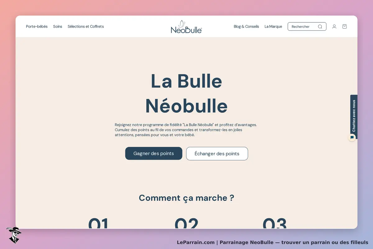 NeoBulle : page d'accueil présentant le programme de fidélité avec options de points et explication