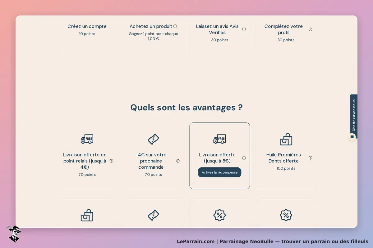 NeoBulle : section présentant les avantages avec des icônes et des points à gagner