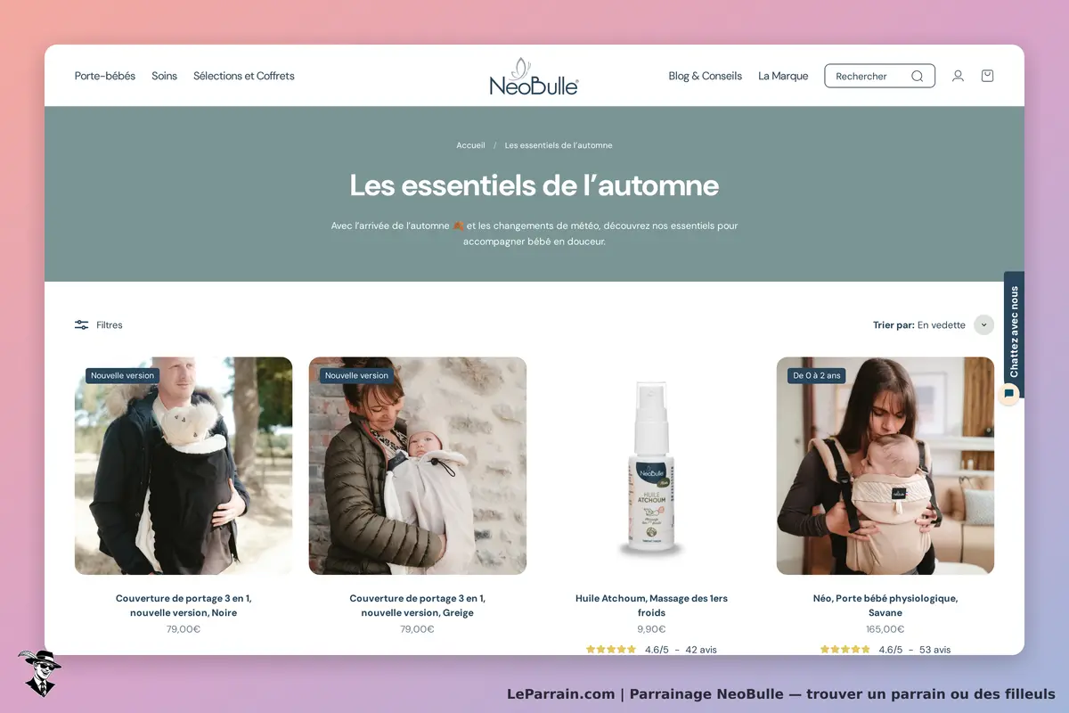 NeoBulle : page d'accueil avec les essentiels de l'automne et produits affichés