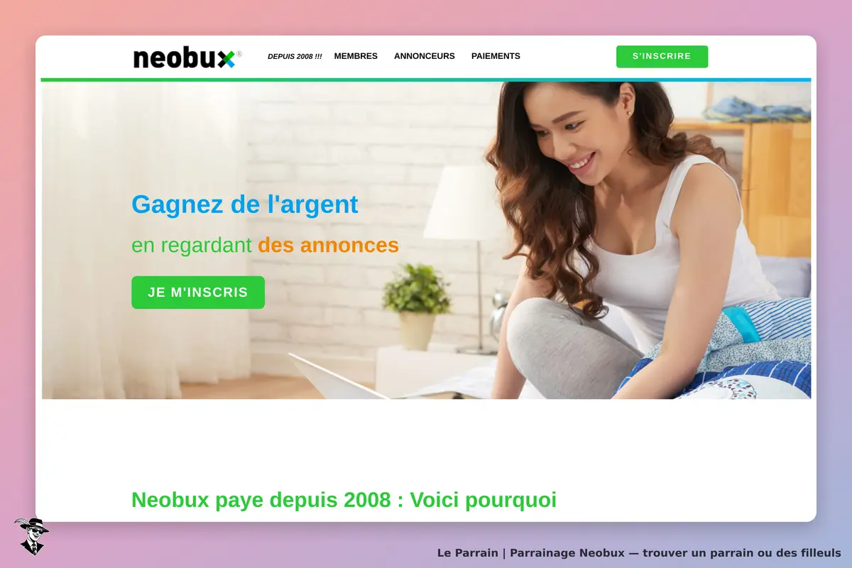 neobux : page d'accueil avec un message sur le gain d'argent et un bouton d'inscription