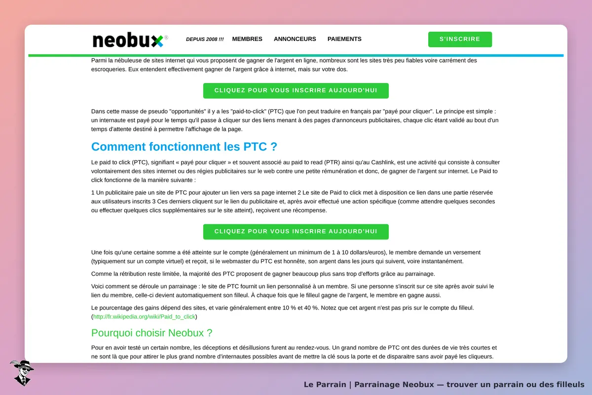 neobux : page d'accueil présentant le système de "paid-to-click" et un bouton d'inscription