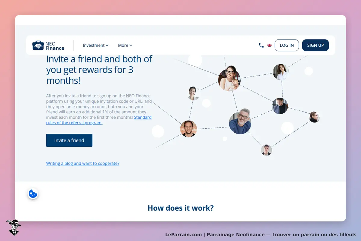Neofinance : nEO Finance : page d'accueil avec invitation à parrainer un ami et visuels de