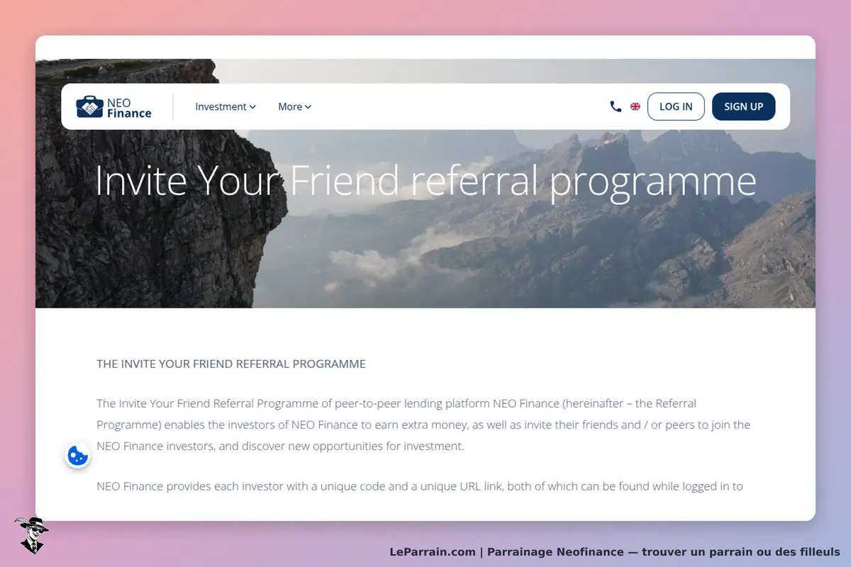 Neofinance : page d'accueil présentant le programme de parrainage avec un paysage montagneux