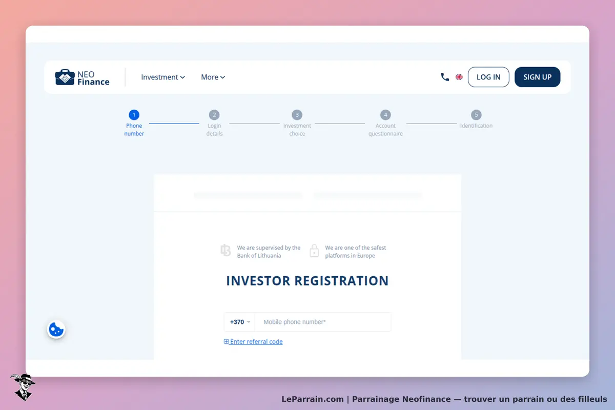 Neofinance : page d'inscription avec champ pour numéro de téléphone et étapes de processus