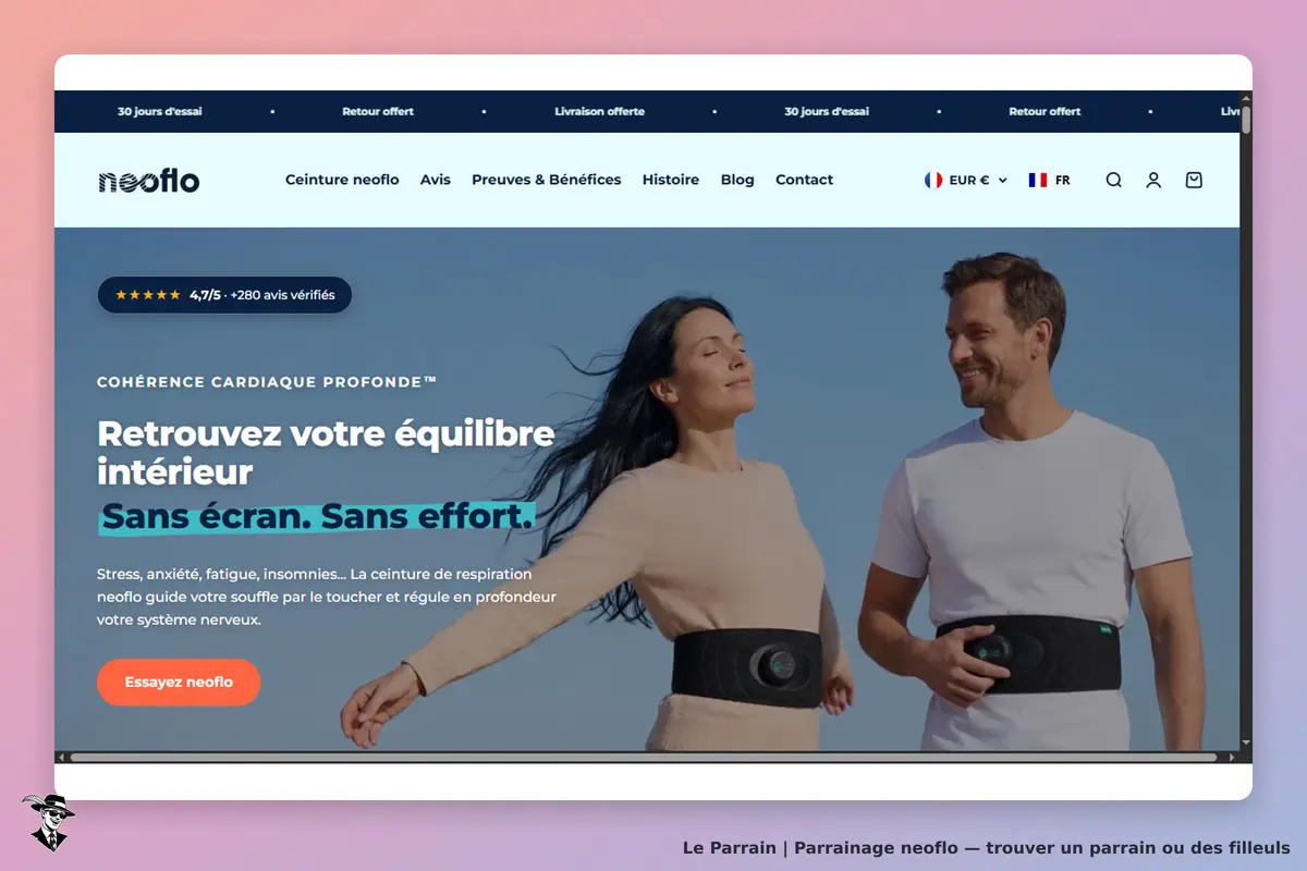 neoflo : page d'accueil avec deux personnes portant une ceinture de respiration en extérieur