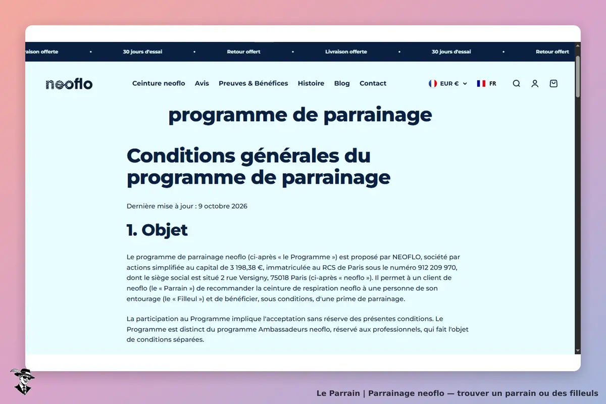 neoflo : conditions générales du programme de parrainage, objet et informations légales