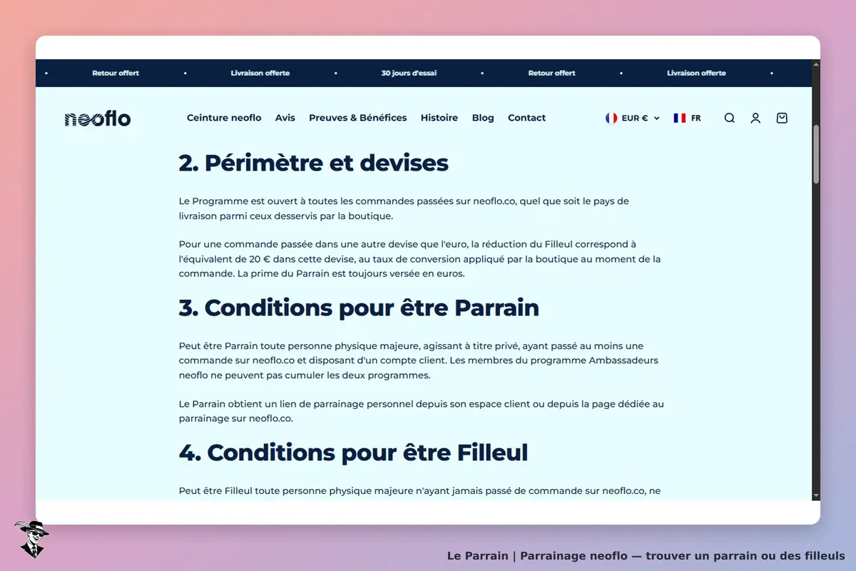 neoflo : page d'accueil avec sections sur le programme de parrainage et ses conditions