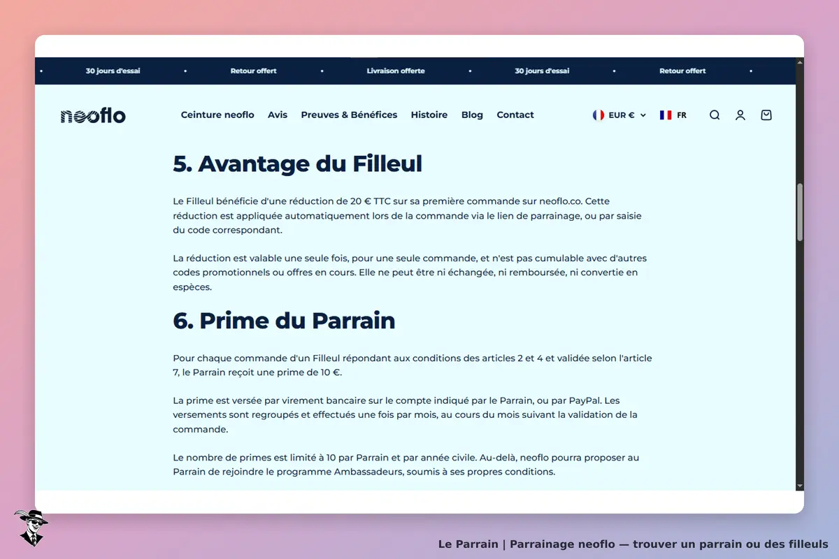 neoflo : section sur les avantages du filleul et la prime du parrain sur le site