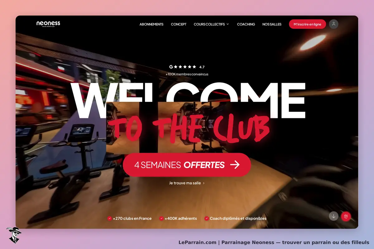 Neoness : page d'accueil avec un message de bienvenue et des équipements de salle de sport