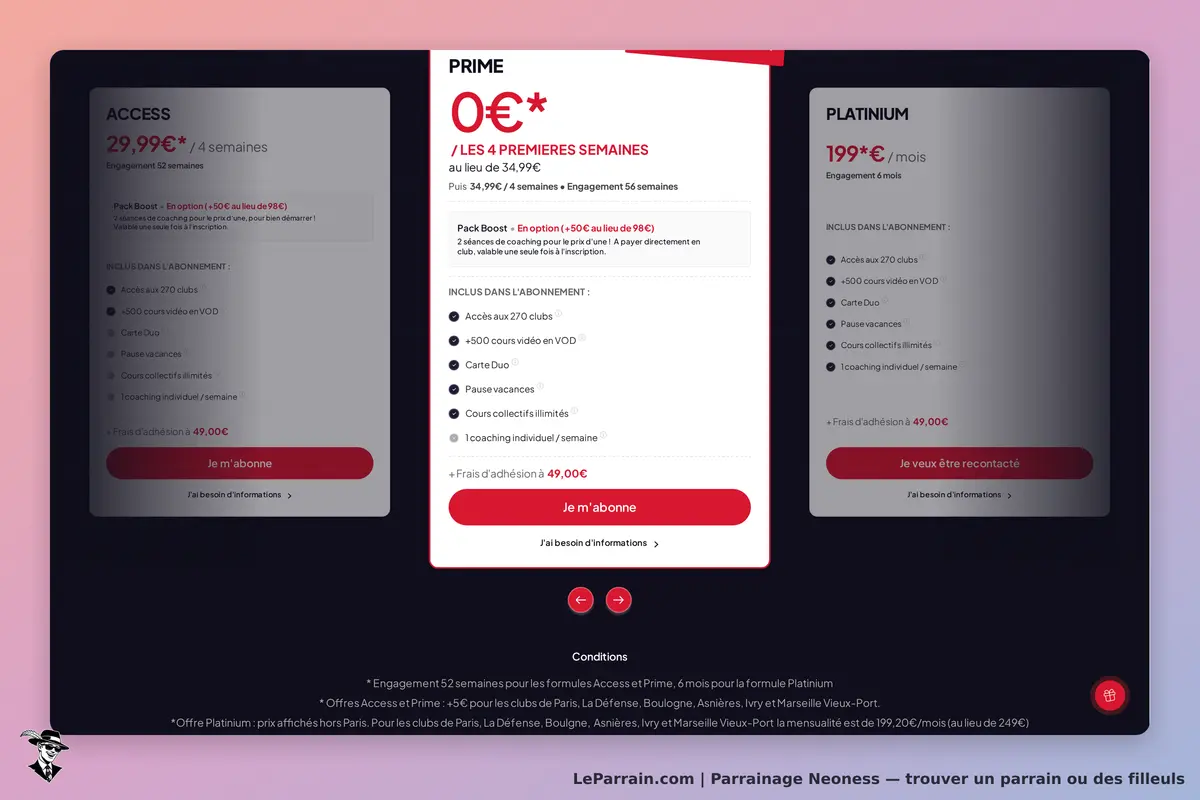 Neoness : page d'accueil avec trois formules d'abonnement et options visibles