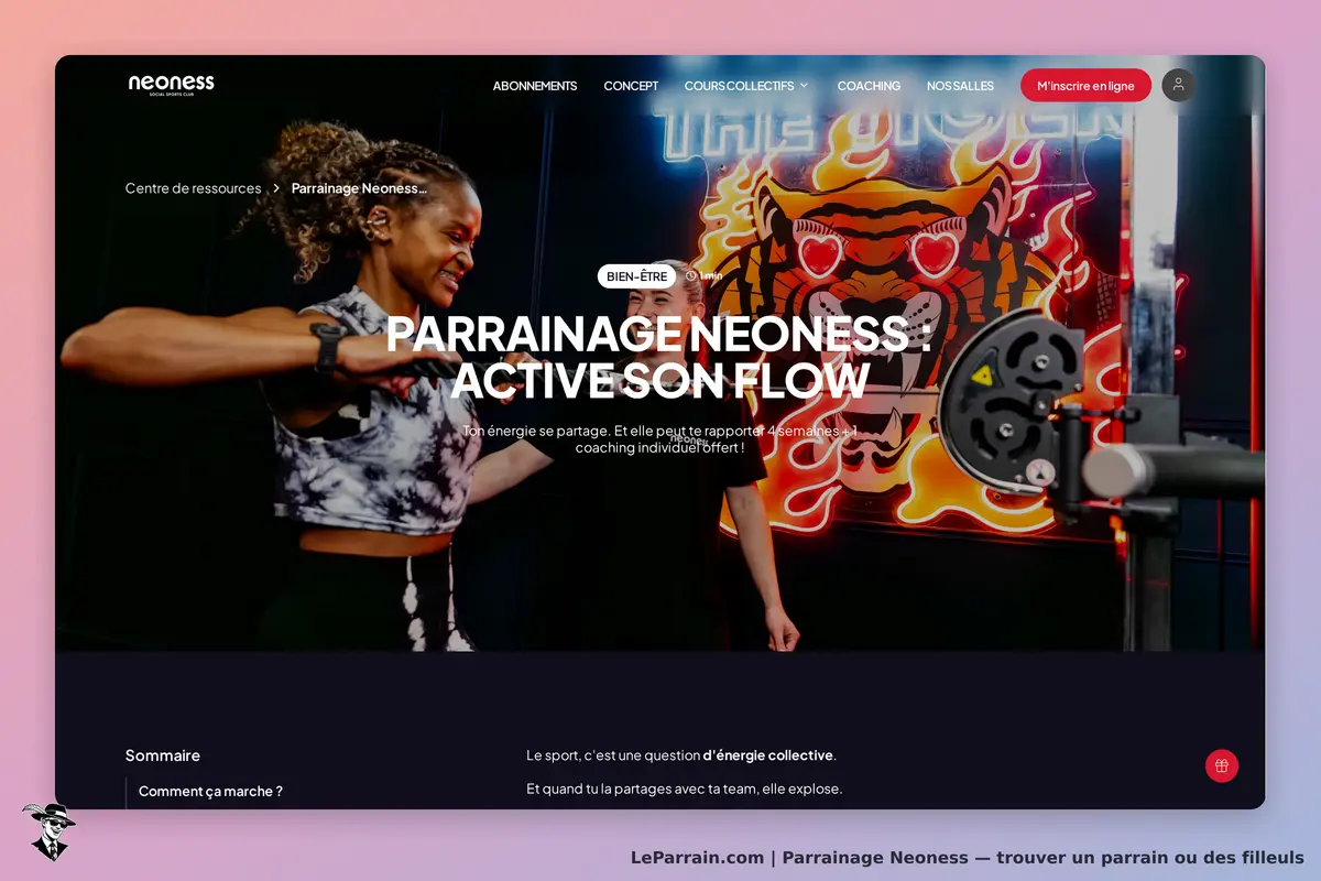 Neoness : page de parrainage avec des personnes s'entraînant et une décoration murale colorée