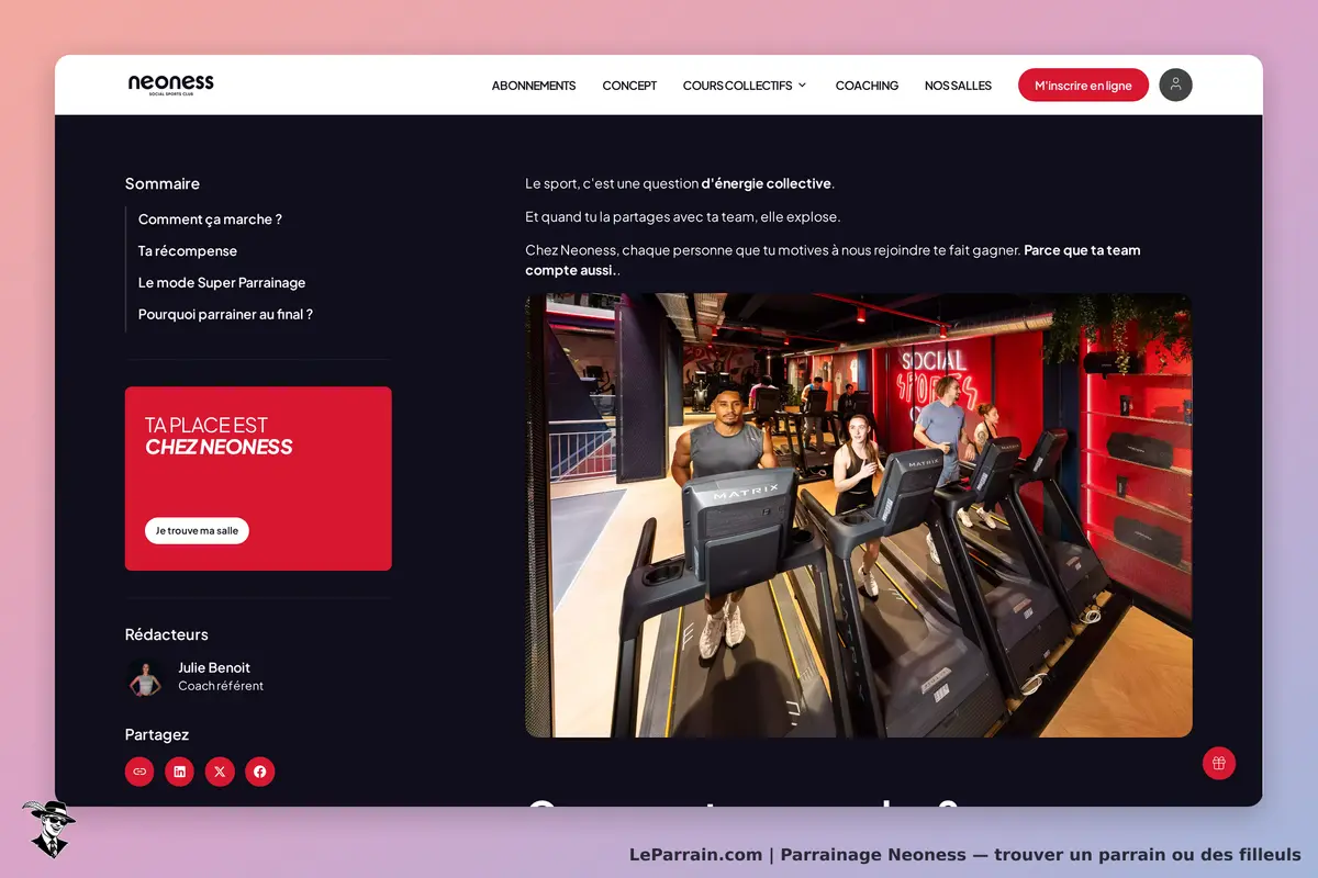 Neoness : page d'accueil avec des personnes courant sur des tapis de course dans une salle de sport