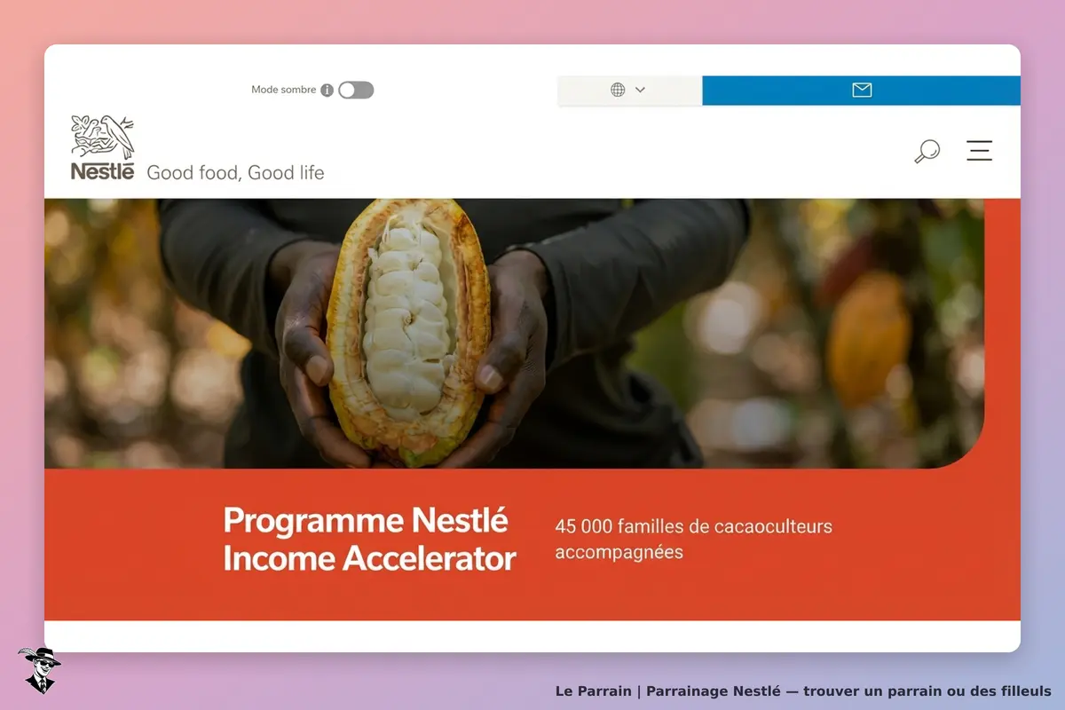 Nestlé : une personne tenant une cabosse de cacao ouverte, avec texte sur un programme