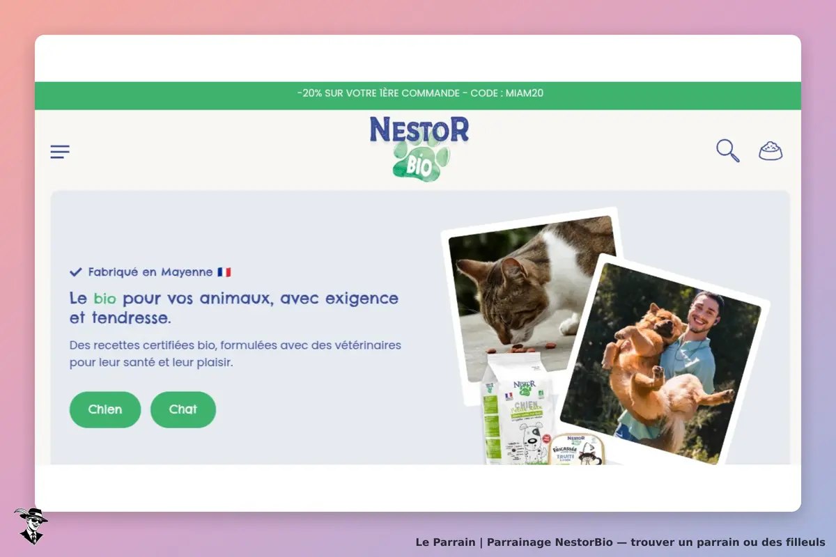NestorBio : page d'accueil avec texte sur le bio pour animaux et images de produits et animaux