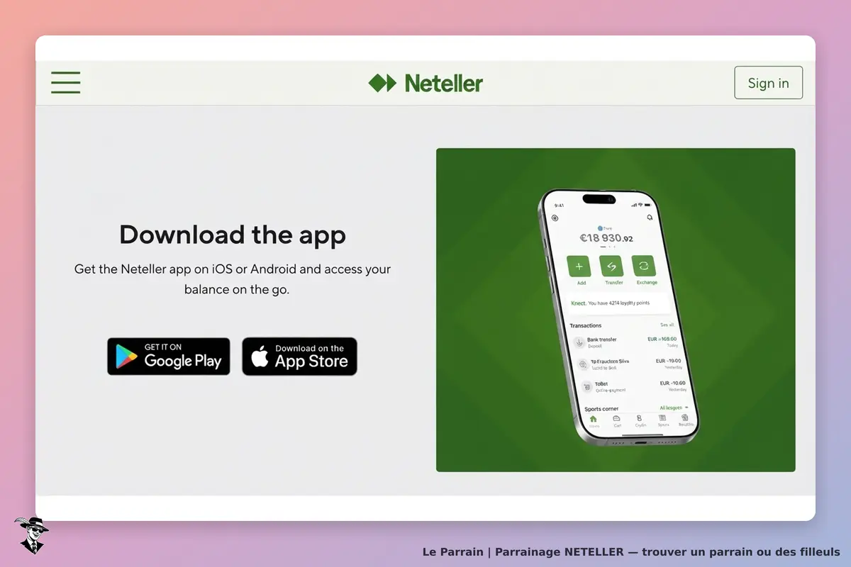 NETELLER : page d'accueil avec présentation de l'application mobile et options de téléchargement