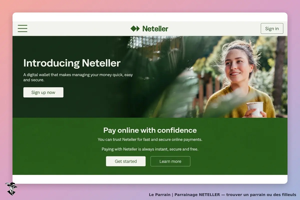 Neteller : page d'accueil présentant un portefeuille numérique et une femme souriante avec une