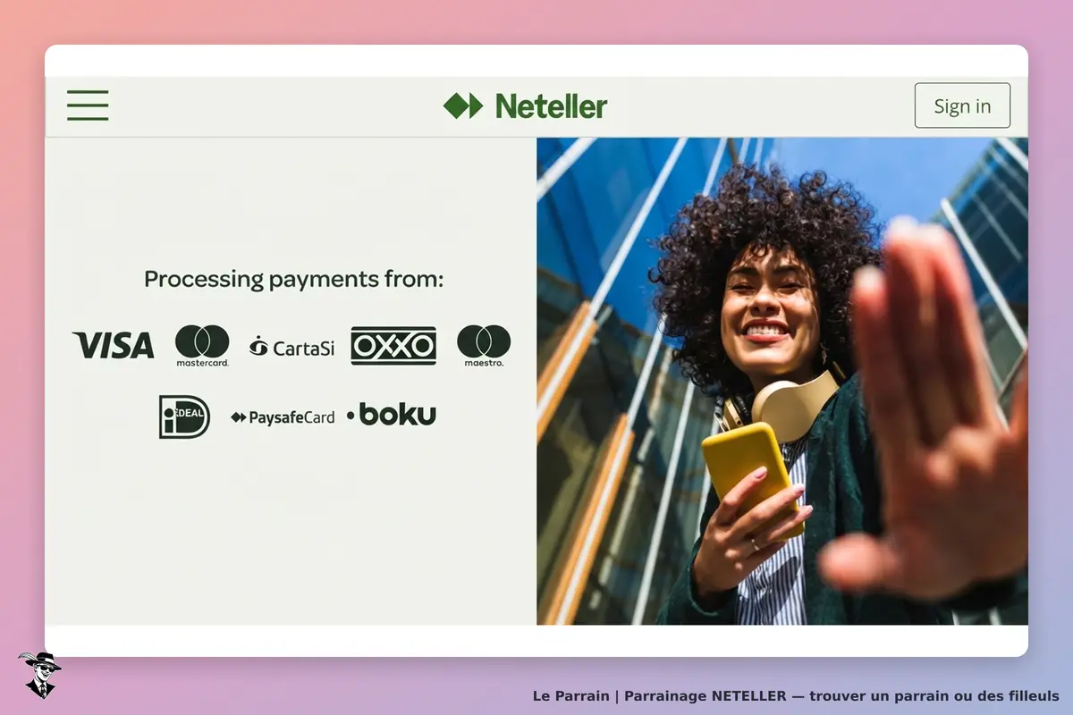 NETELLER : une femme souriante tenant un téléphone, avec des logos de méthodes de paiement