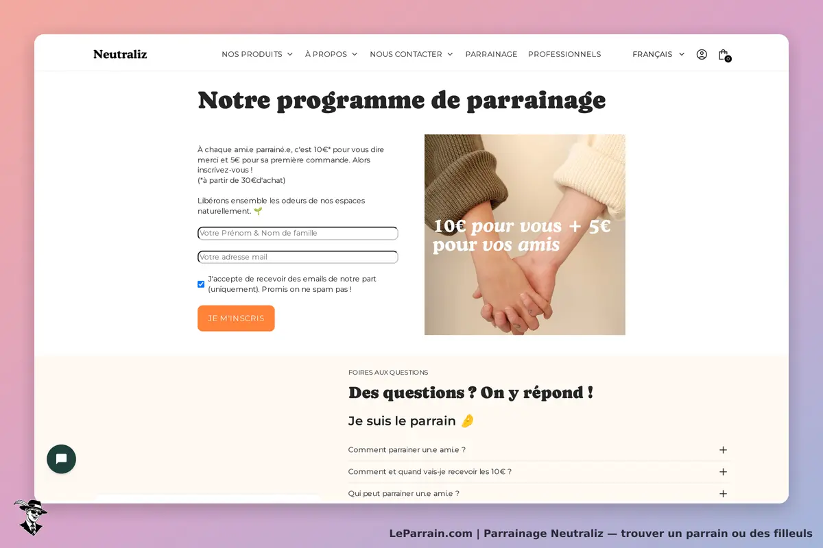 Neutraliz : page d'accueil du programme de parrainage avec formulaire d'inscription et visuel de