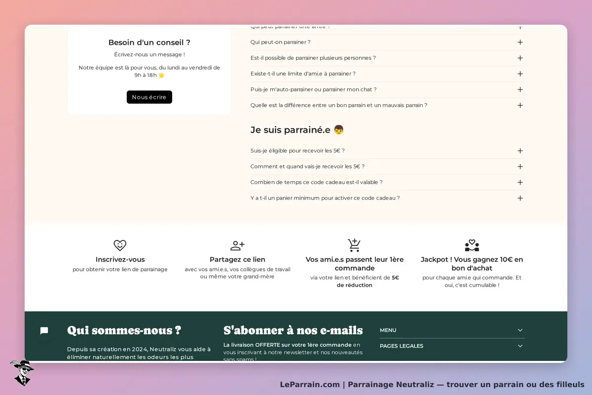 Neutraliz : section d'aide avec questions fréquentes et options de contact pour conseils