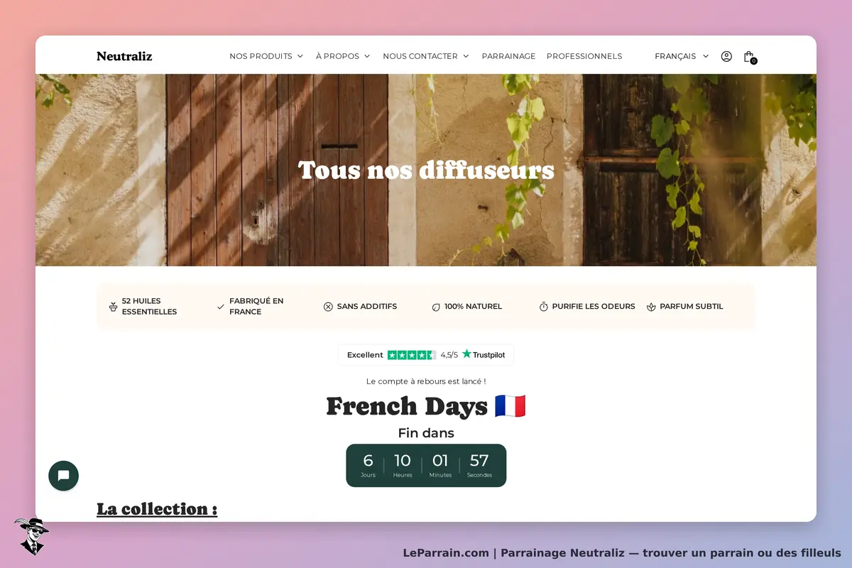 Neutraliz : page d'accueil présentant les diffuseurs et un compte à rebours pour une promotion