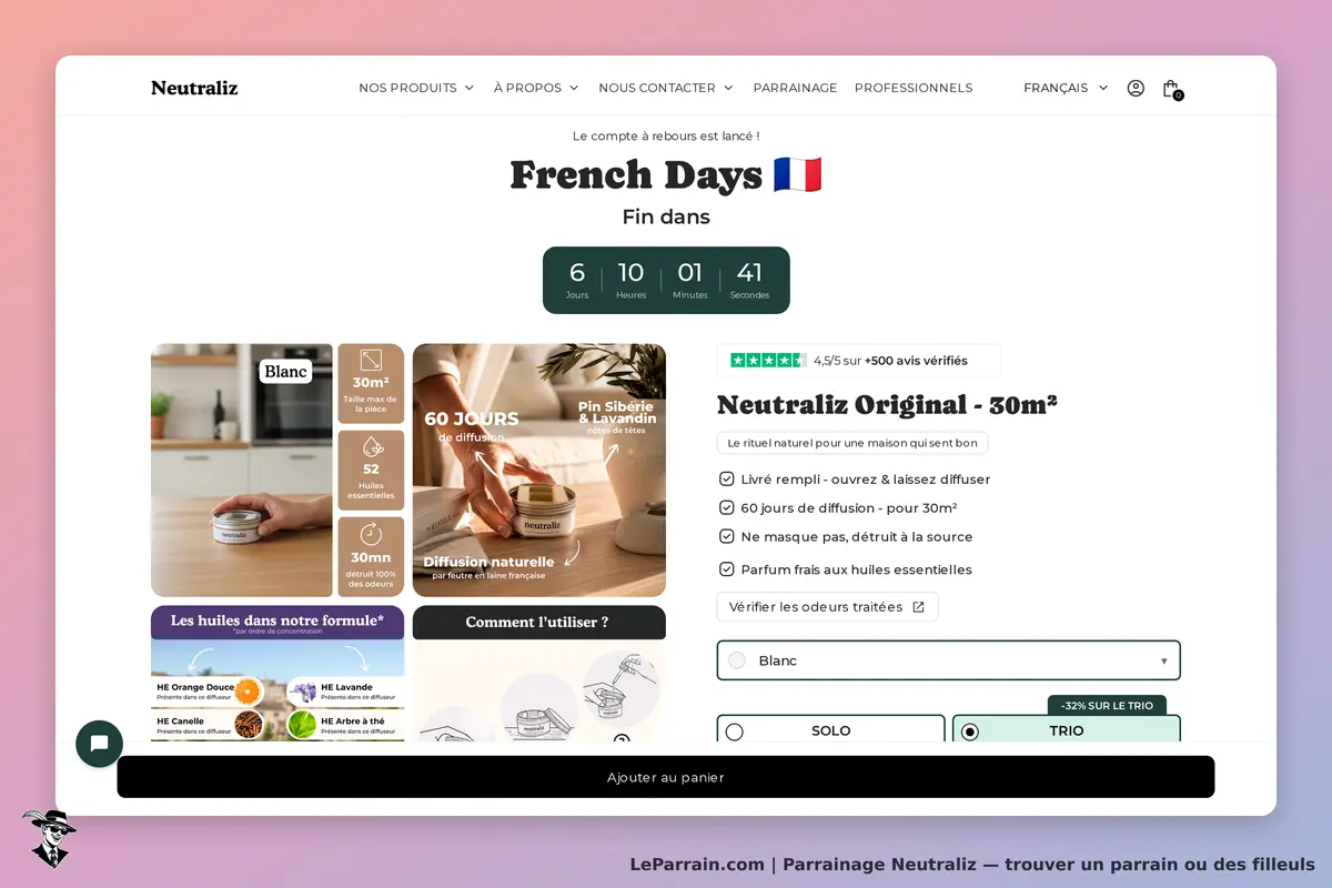 Neutraliz : page produit avec un diffuseur et des informations sur ses caractéristiques