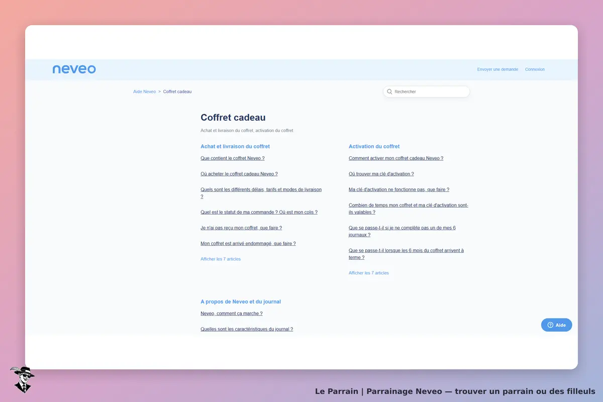 Neveo : page d'aide sur le coffret cadeau avec questions fréquentes et navigation