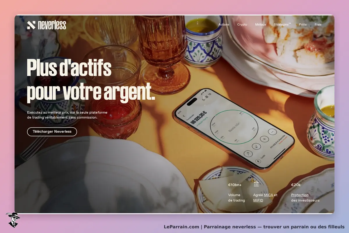 neverless : page d'accueil avec un téléphone affichant des données de trading et des verres colorés