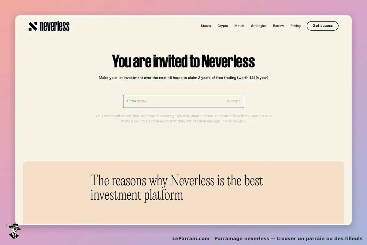 Neverless : invitation à s'inscrire avec un champ pour entrer un email et un message d'accueil