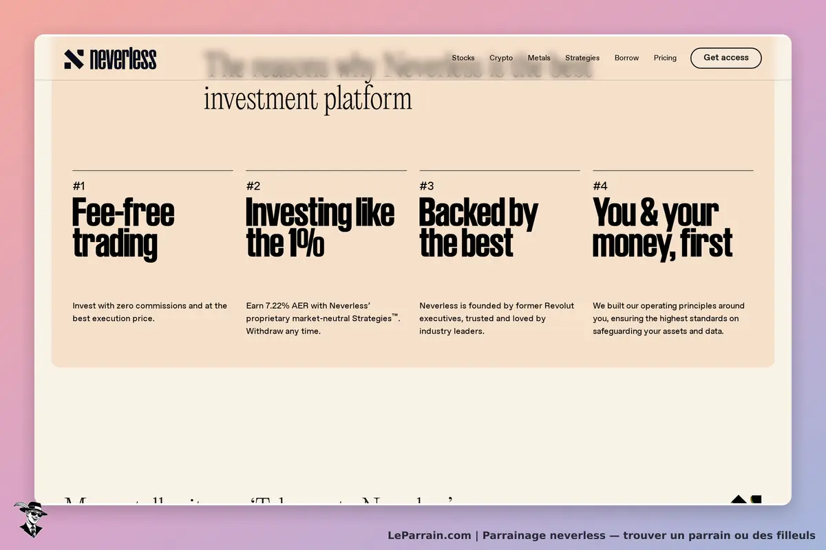 neverless : section présentant quatre avantages de la plateforme d'investissement