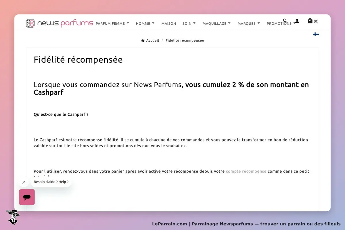 Newsparfums : news parfums : page sur le programme de fidélité avec explications et bouton d'aide