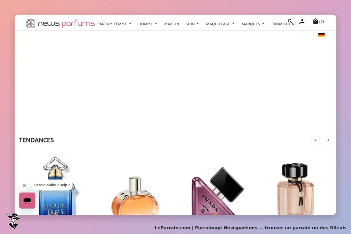 Newsparfums : news parfums : page d'accueil avec plusieurs flacons de parfum et un bouton d'aide en
