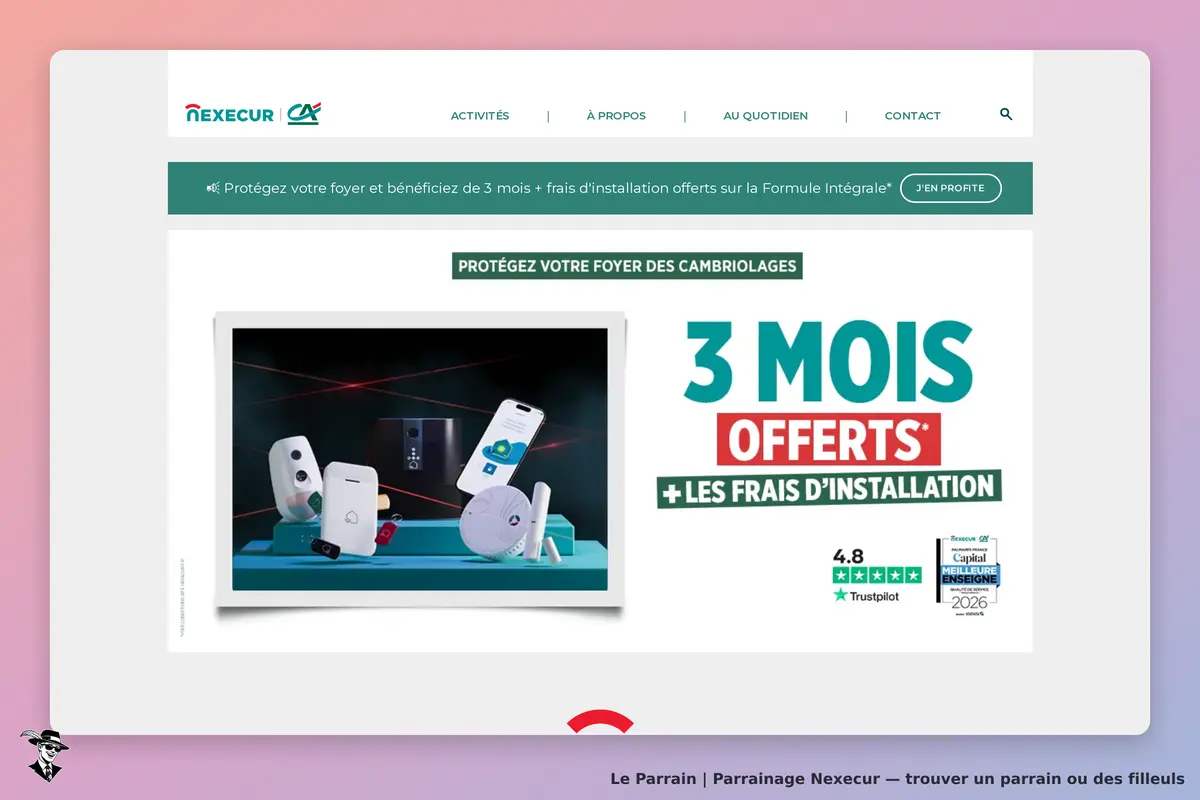 Nexecur : page d'accueil avec des dispositifs de sécurité et une offre promotionnelle visible