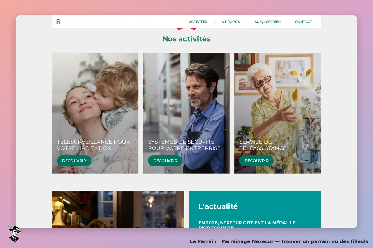 Nexecur : page d'accueil présentant trois services avec images et boutons de découverte